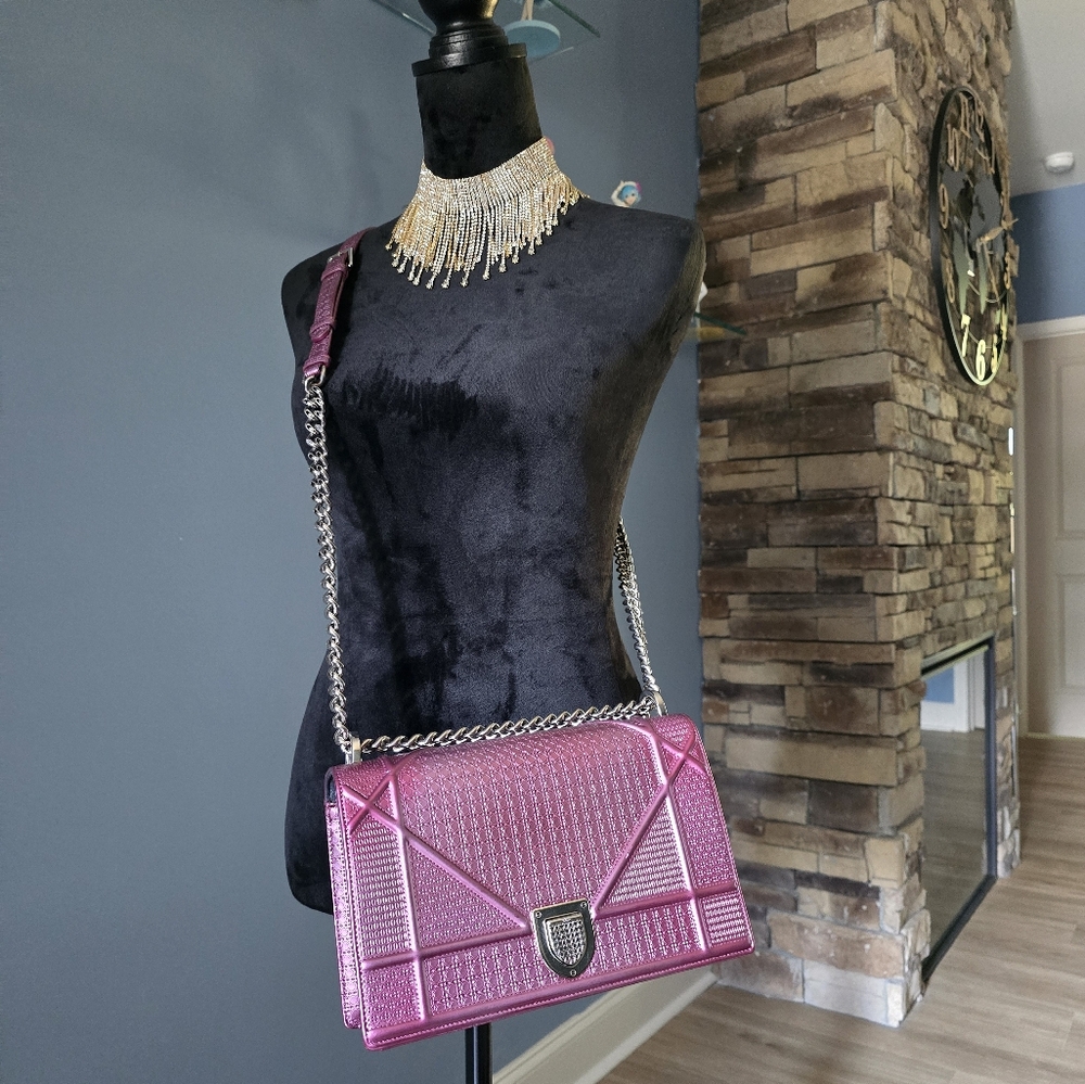 Authentic Christian DIOR Metallic Patent Diorama Flap Pink Bag
